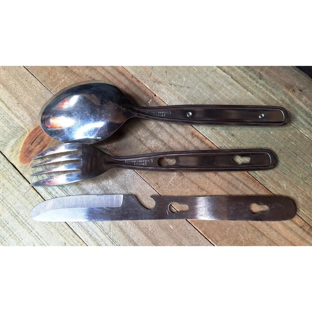 Vintage Japan Stainless Steel 3pc Interlocking Camping Hobo Utensil Set Case